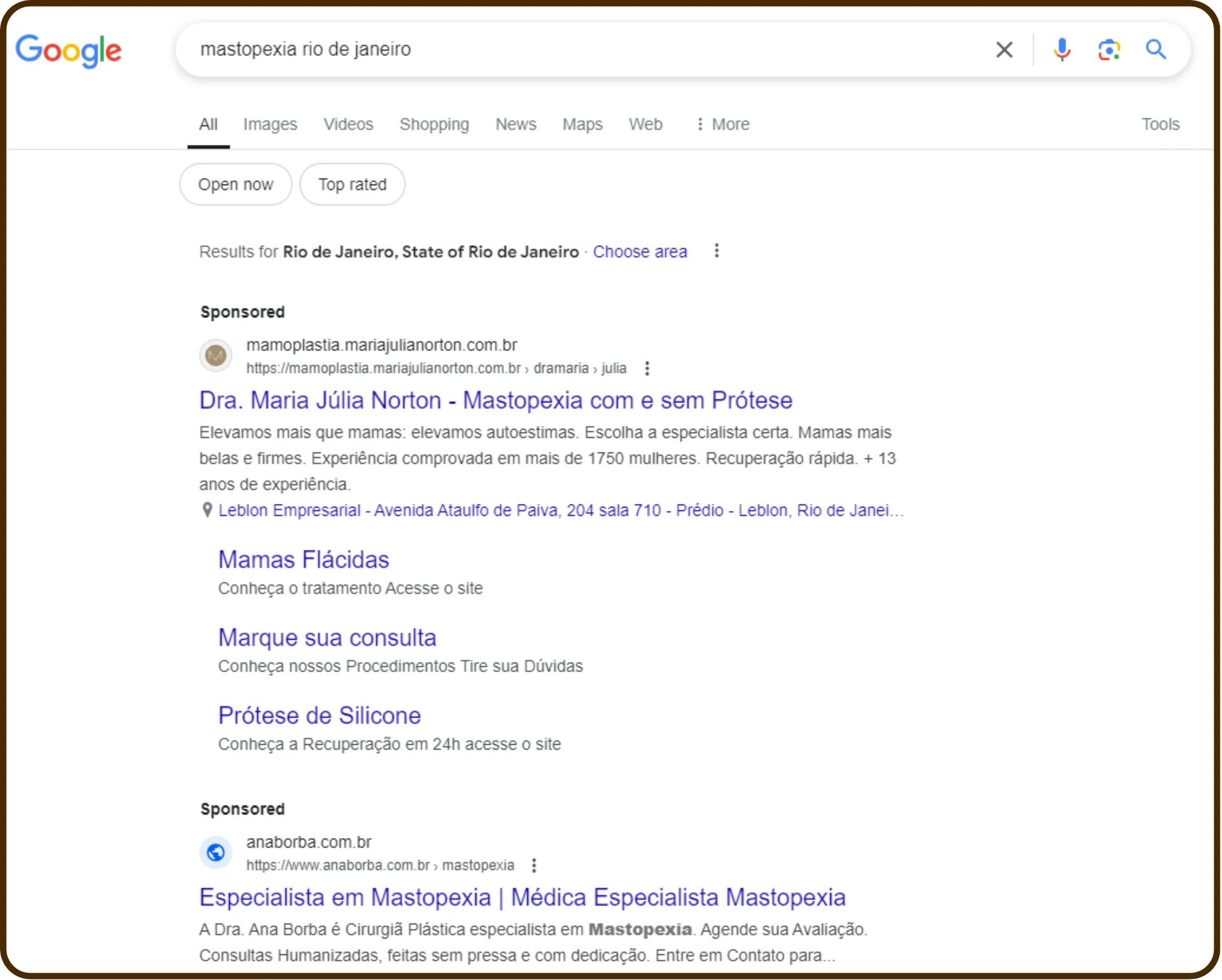 Anúncio patrocinado de Maria Júlia Norton para mastopexia no Rio de Janeiro, com links para consulta e procedimentos
